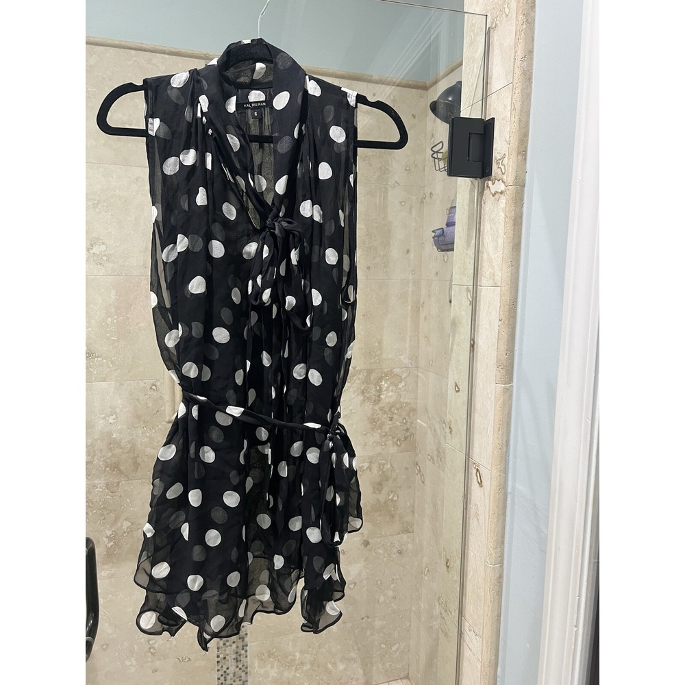 Kal Rieman Black White Polka Dot Silk Tie Neck Sleeveless Tunic Blouse Top 6